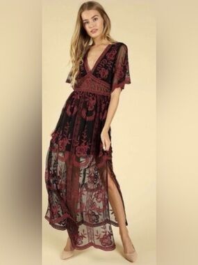 Honey Punch Embroidered Mesh Maxi Dress Black Burgundy Floral Medium Boho